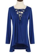 Choies Blue Plunge Lace Up Front Long Sleeve Hooded T-shirt