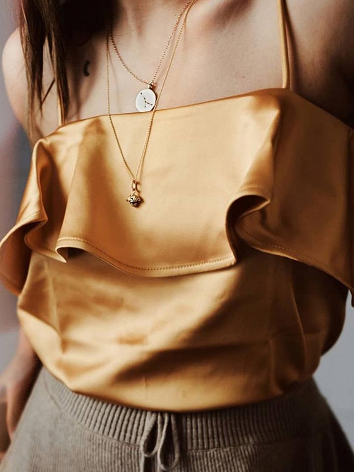 Choies Yellow Satin Look Ruffle Trim Chic Women Cami Top