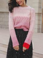 Choies Pink Contrast Panel Long Sleeve Women Knit Sweater