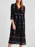Choies Black V-neck Embroidery Detail Lace Panel Long Sleeve Midi Dress