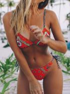 Choies Red Halter Floral Print Tie Detail Bikini Top And Bottom