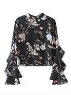 Choies Multicolor Floral Ruffle Trim Long Sleeve Keyhole Back Blouse