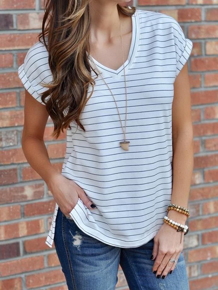 Choies White Stripe Cotton V-neck Split Side Chic Women T-shirt