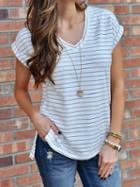 Choies White Stripe Cotton V-neck Split Side Chic Women T-shirt