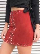 Choies Red Faux Suede High Waist Studs Zip Up Front Pencil Mini Skirt