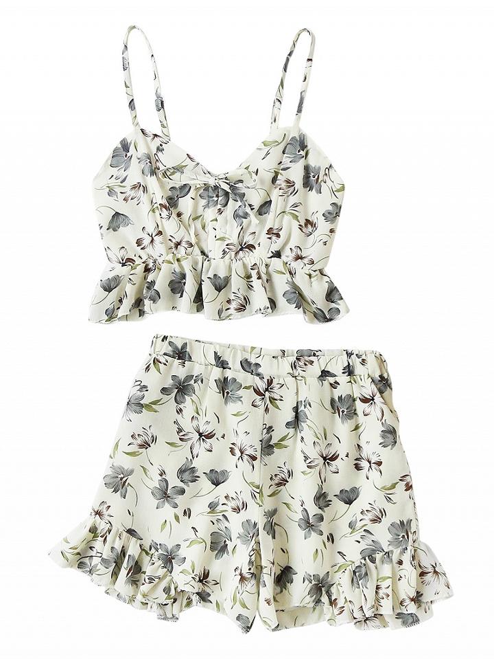 Choies Polychrome V-neck Ruffle Hem Cami Crop Top And High Waist Shorts