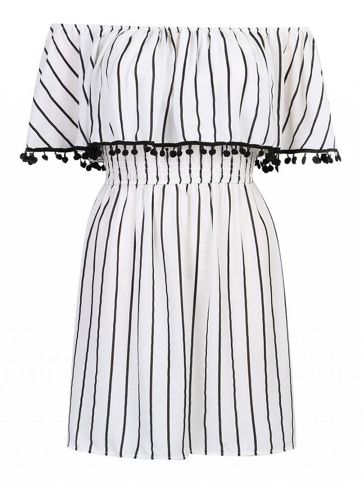 Choies White Off Shoulder Stripe Print Overlay Pom Pom Detail Dress