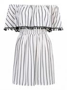 Choies White Off Shoulder Stripe Print Overlay Pom Pom Detail Dress