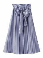 Choies Blue Stripe Print Bowknot Waist Midi A-line Skirt