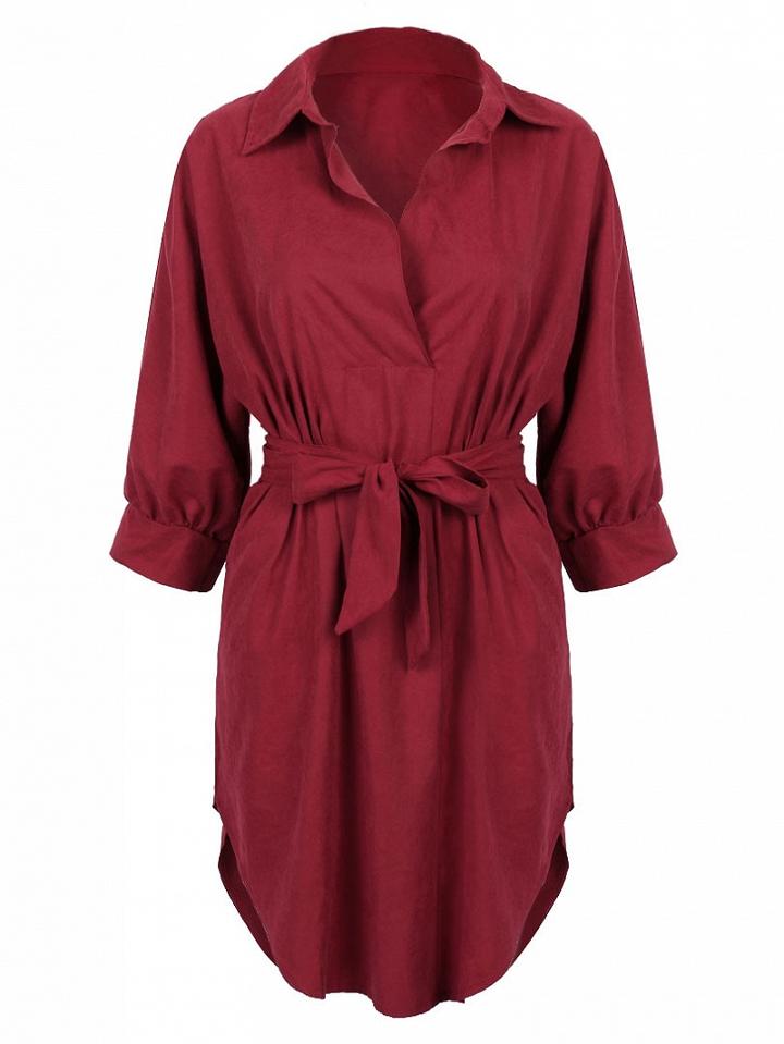 Choies Burgundy Tied Waist 3/4 Sleeve Dipped Shirt Dress