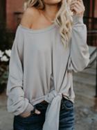 Choies Gray Cotton Cold Shoulder Tie Front Long Sleeve Chic Women T-shirt