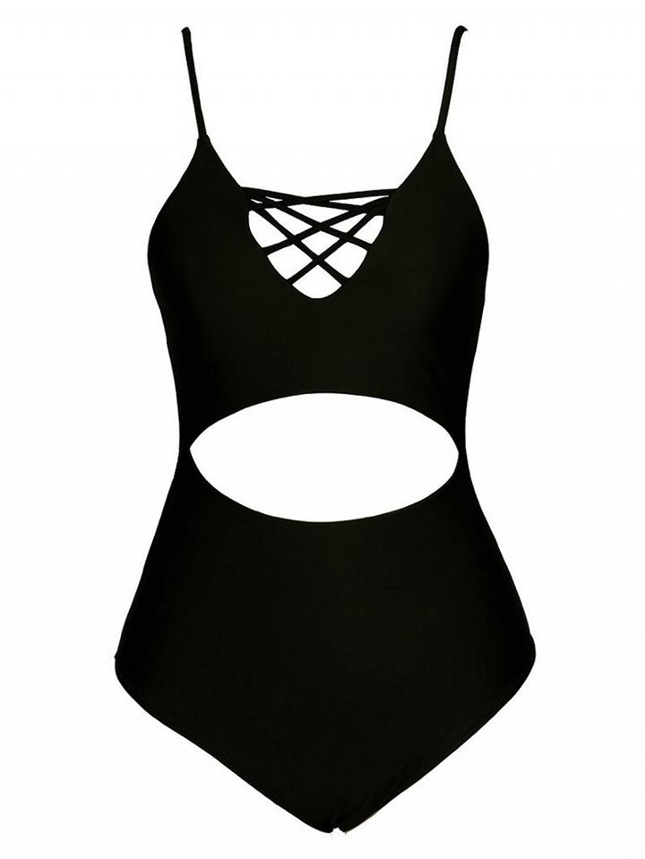Choies Black Strap Caged Open Belly One-piece Swimsuit