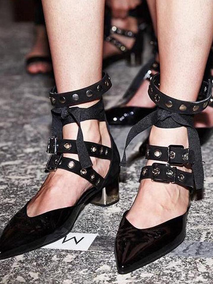 Choies Black Pointed Multi Buckle Strap Tie Leg Block Heeled Shoes