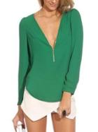 Choies Green Chiffon Zipper Front Long Sleeves Blouse