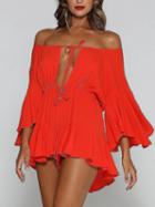 Choies Red Off Shoulder Tie Front Ruffle Sleeve Romper Playsuit