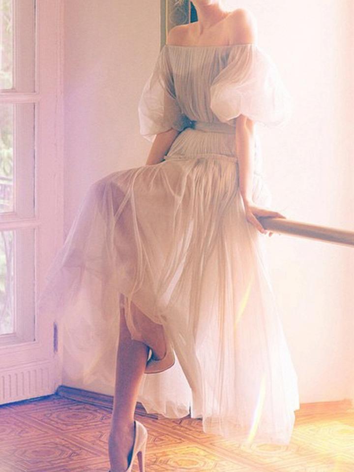 Choies White Off Shoulder Puff Sleeve Chic Women Sheer Mesh Maxi Dress