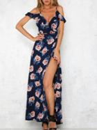 Choies Blue Cold Shoulder Spaghetti Strap Tie Waist Floral Print Dress