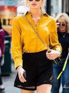 Choies Yellow Lapel Button Placket Front Long Sleeve Shirt