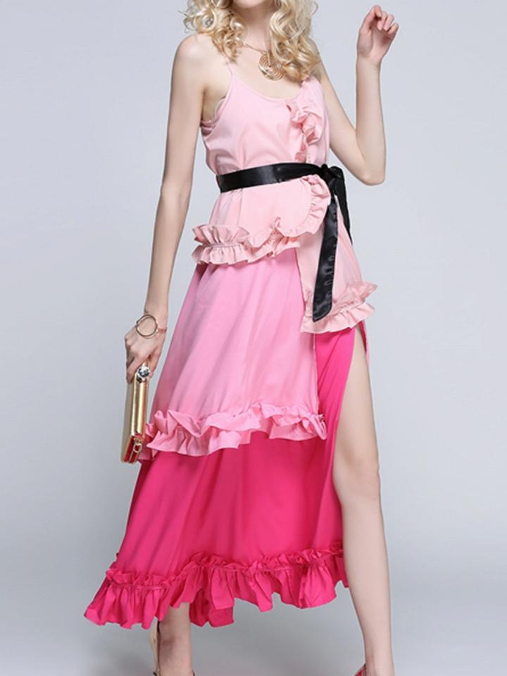 Choies Multicolor Layered Ruffle Trim Open Back Chic Women Cami Maxi Dress