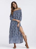Choies Blue Off Shoulder Print Detail Thigh Split Maxi Dress