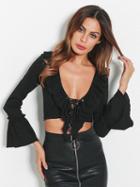 Choies Black V-neck Lace Up Detail Flare Sleeve Cropped Blouse