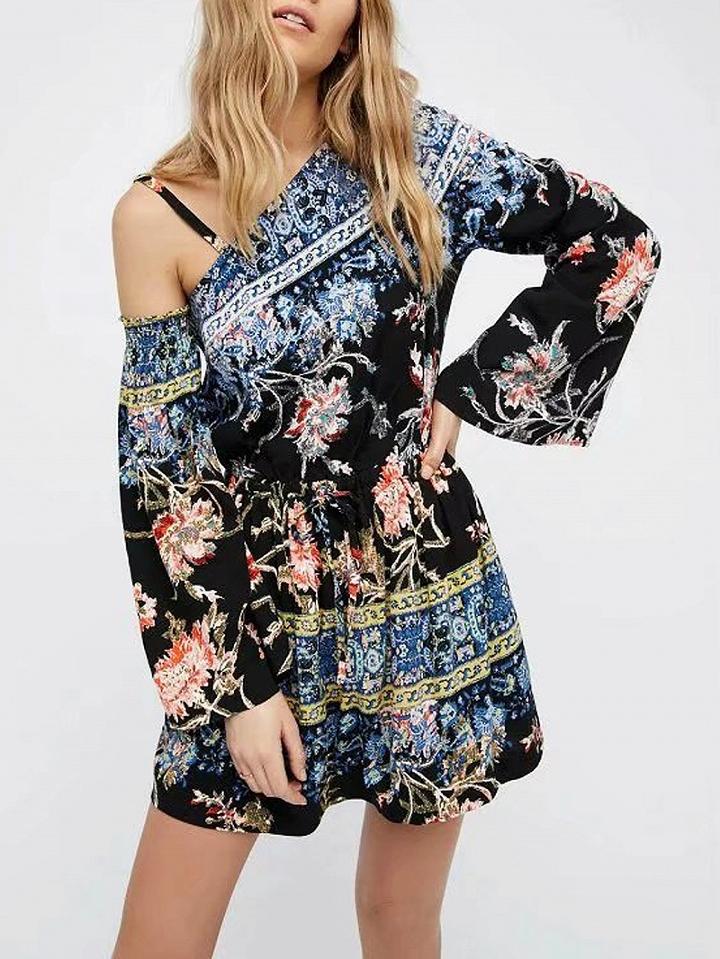 Choies Black One Shoulder Floral Print Tie Waist Dress