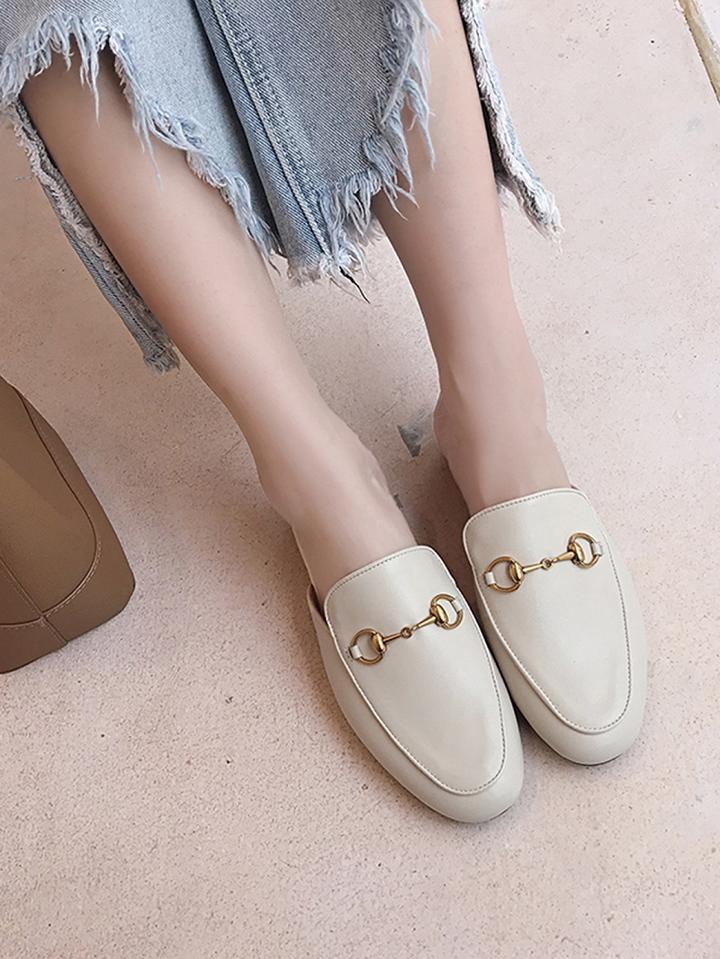 Choies Beige Leather Look Metal Decoration Chic Women Flat Slipper Sandals