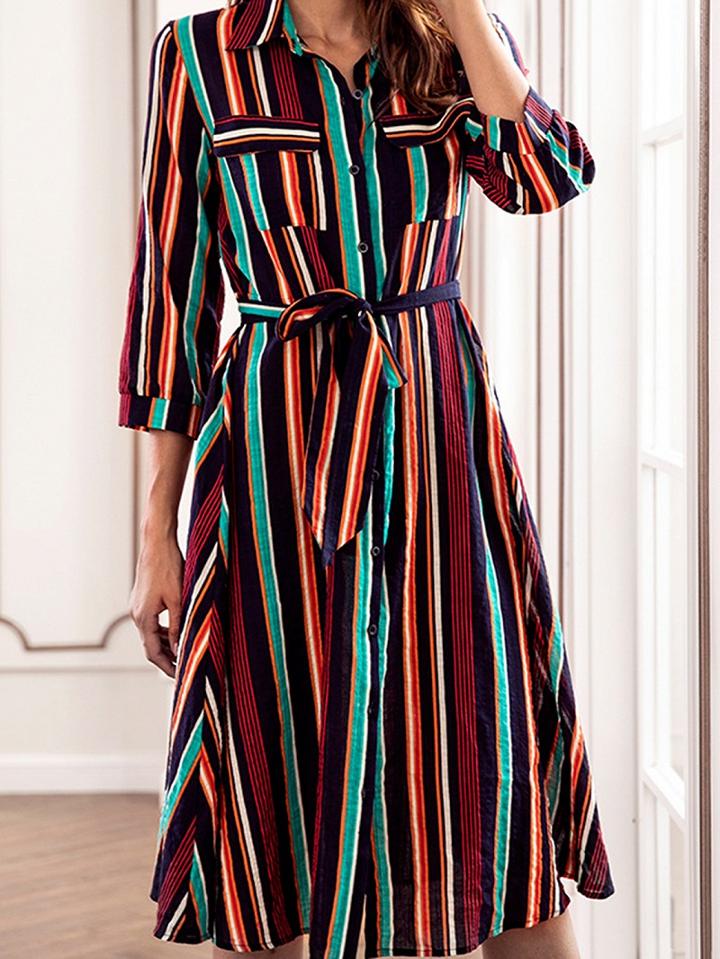 Choies Multicolor Stripe Cotton Blend Tie Waist Chic Women Midi Dress