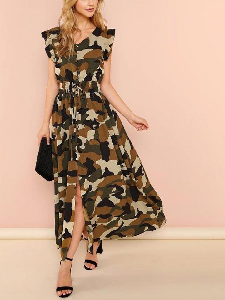 Choies Army Green Chiffon V-neck Camouflage Print Chic Women Maxi Dress