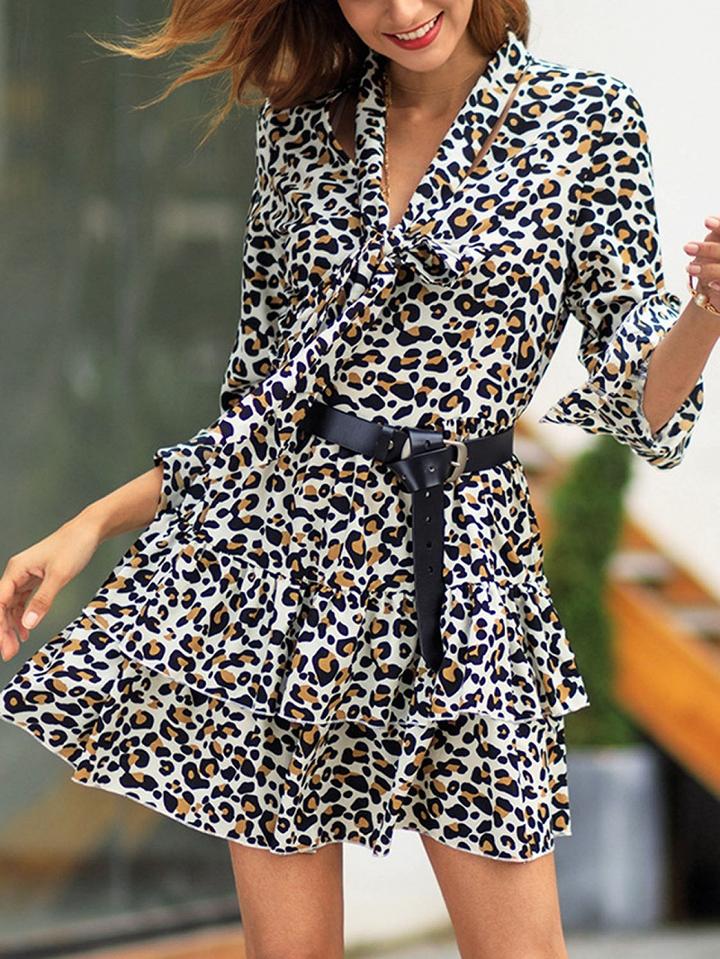 Choies Brown Leopard Print Tie Front Flare Sleeve Women Mini Dress