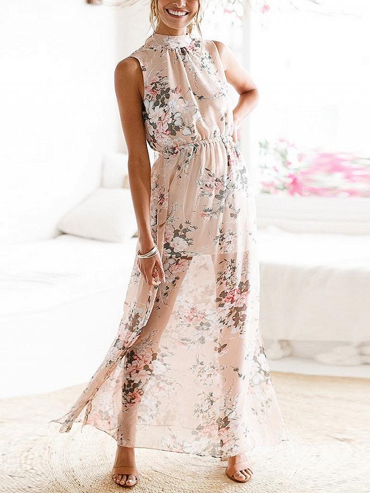 Choies Khaki Floral Print Thigh Split Side Open Back Maxi Dress