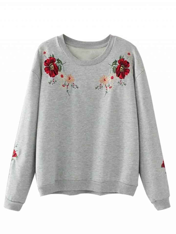 Choies Gray Embroidery Flower Long Sleeve Sweatshirt