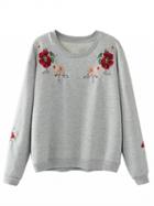 Choies Gray Embroidery Flower Long Sleeve Sweatshirt