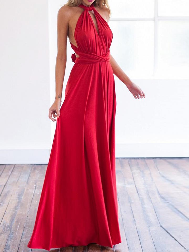 Choies Red Cotton Knot Detail Open Back Chic Women Maxi Dress
