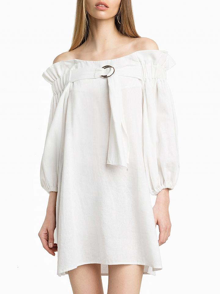 Choies White Off Shoulder Ring Detail Puff Sleeve Dress