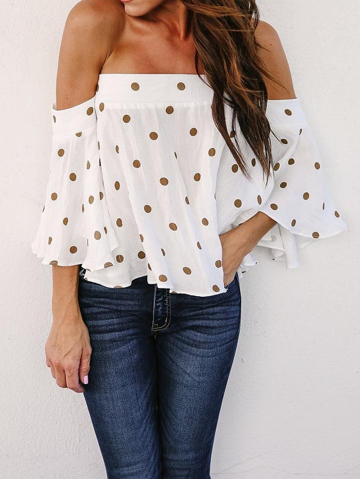 Choies White Chiffon Off Shoulder Polka Dot Print Chic Women Crop Blouse