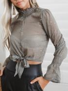 Choies Gray Chiffon Stand Collar Star Print Long Sleeve Chic Women Blouse