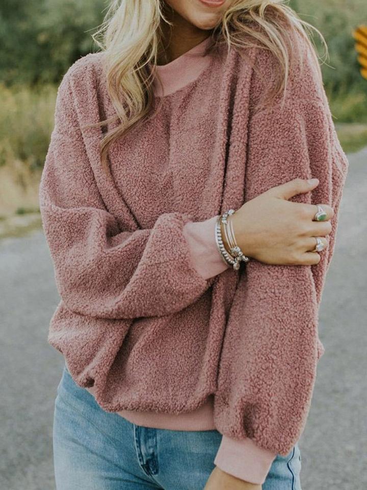 Choies Pink Crew Neck Long Sleeve Women Fluffy Sweatshirt