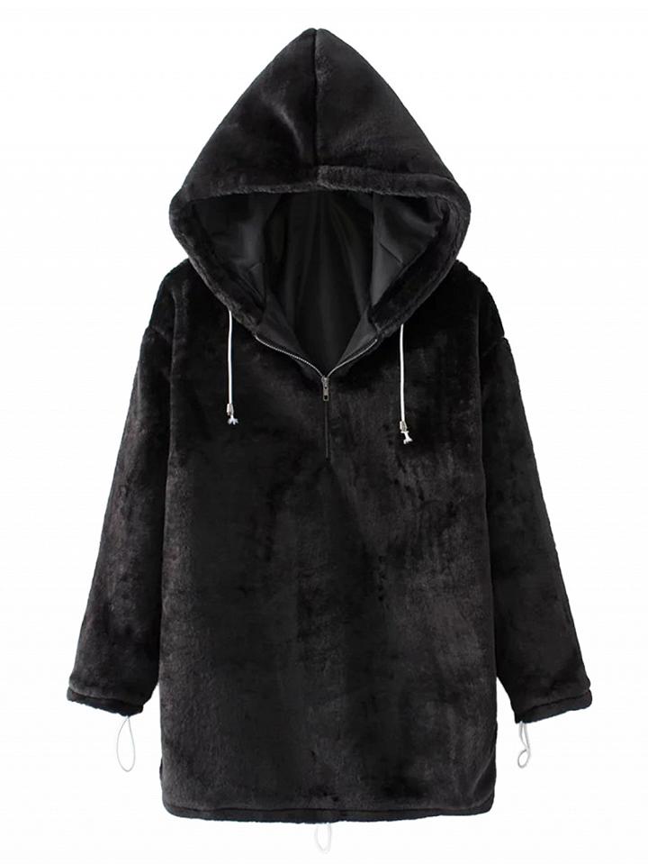 Choies Black Zip Front Long Sleeve Velvet Hoodie