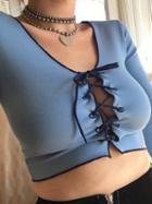 Choies Blue Lace Up Front Long Sleeve Crop Top