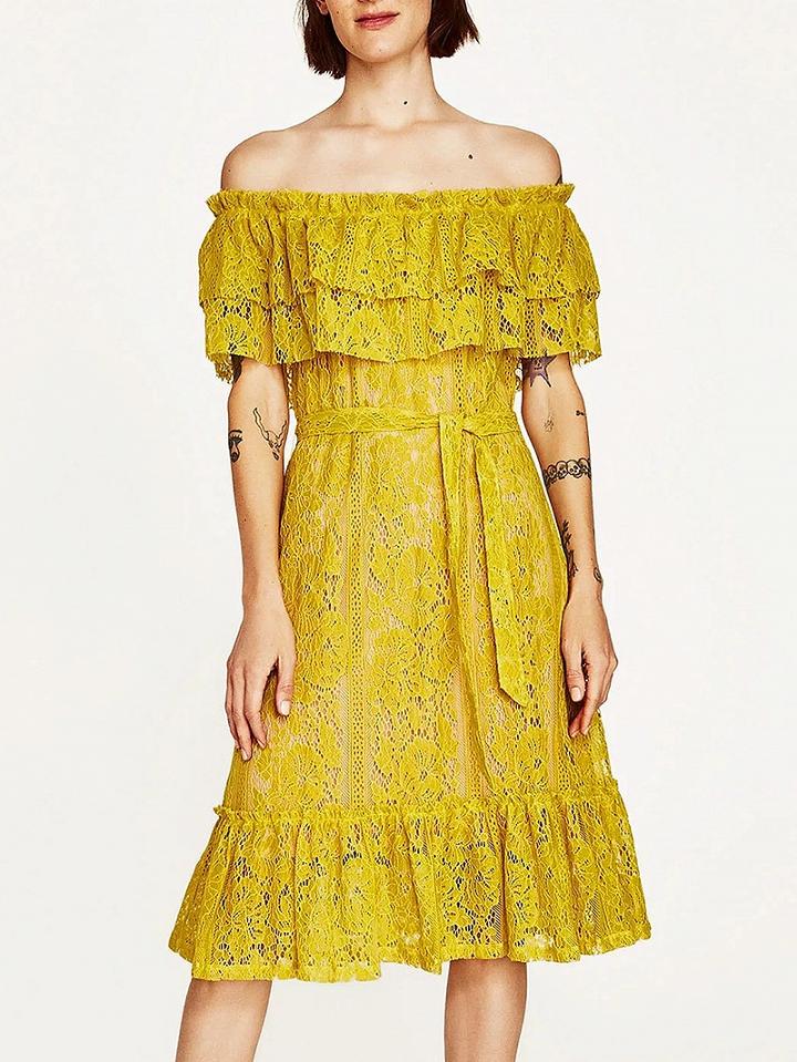 Choies Yellow Off Shoulder Tie Waist Ruffle Trim Midi Lace Dress