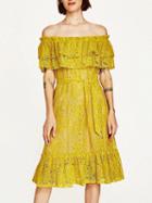 Choies Yellow Off Shoulder Tie Waist Ruffle Trim Midi Lace Dress