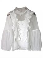 Choies White Stand Collar Mesh Panel Long Sleeve Lace Blouse