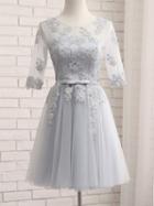 Choies Gray Sheer Mesh Embroidery Lace Up Back Tulle Homecoming Dress