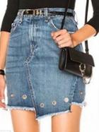 Choies Blue Light Wash High Waist Eyelet Detail Asymmetric Denim Skirt