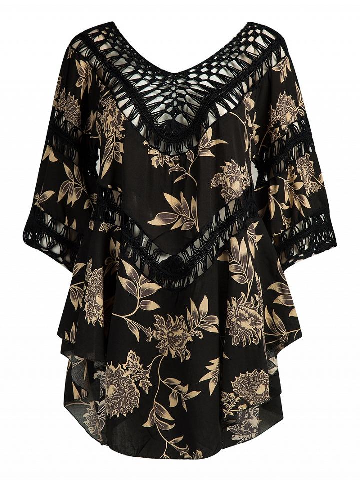 Choies Black Crochet Panel Floral Print Asymmetric Hem Dress