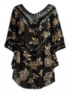 Choies Black Crochet Panel Floral Print Asymmetric Hem Dress