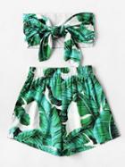 Choies Green Leaf Print Tie Front Crop Top And High Waist Shorts