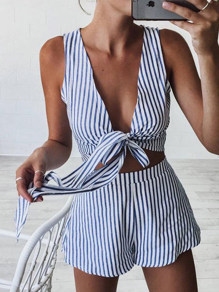 Choies Blue Stripe Plunge Tie Front Crop Top And High Waist Shorts