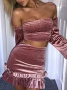 Choies Pink Velvet Off Shoulder Stretch Top And High Waist Mini Skirt